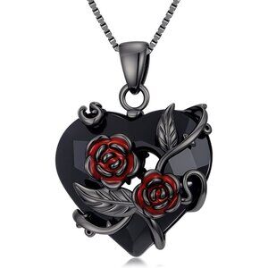 Gothic Black Rose Necklace for Women Men Sterling Silver with Crystals